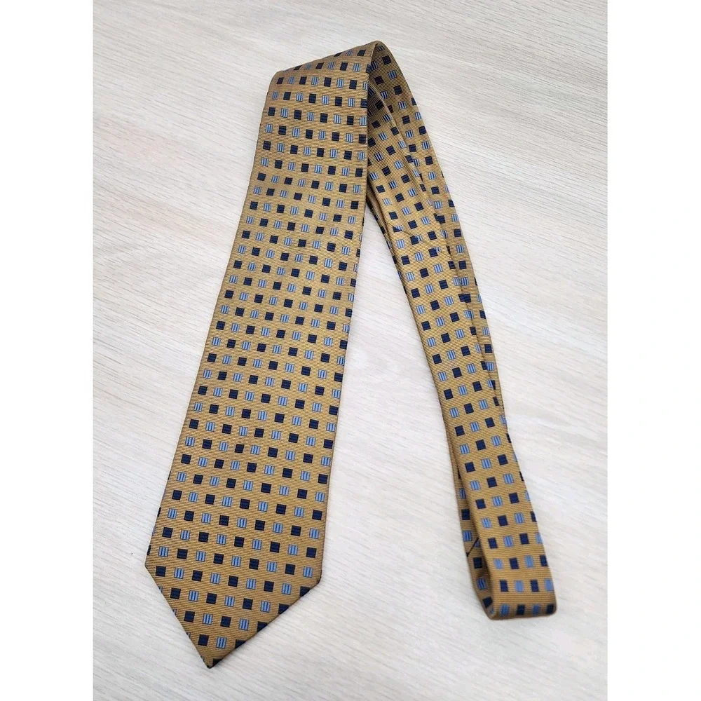 Brooks Brothers Makers USA Silk Neck Tie Woven in England Yellow‎ Blue Squares